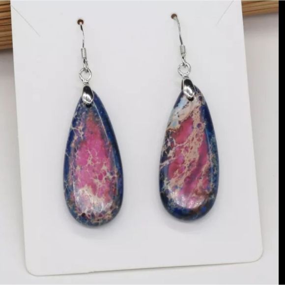 Sterling Silver and Sea sediment irridescent Jasper stone boho earrings new - Picture 2 of 3